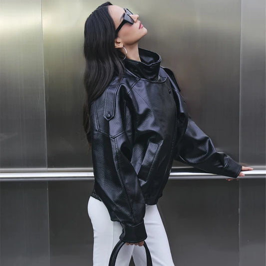 MUJER Premium Faux Leather Oversized Bomber Jacket – Black