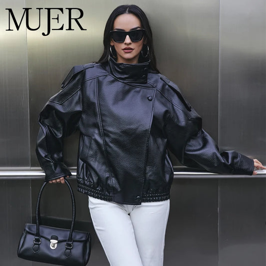 MUJER Premium Faux Leather Oversized Bomber Jacket – Black
